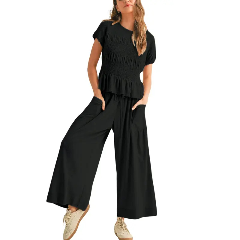 JODIE™ – Casual 2-Piece Smocked Top and Wide Leg Pants Set