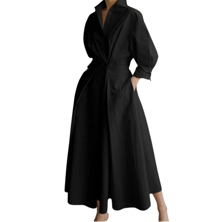CASSIE™ - Women’s Plain Button Front Wrap A-Line Casual Collared Long Dress