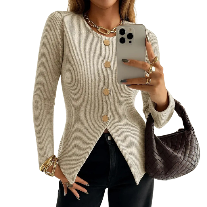 NADIRA™ – Twisted Ribbed Button-Front Knit Top