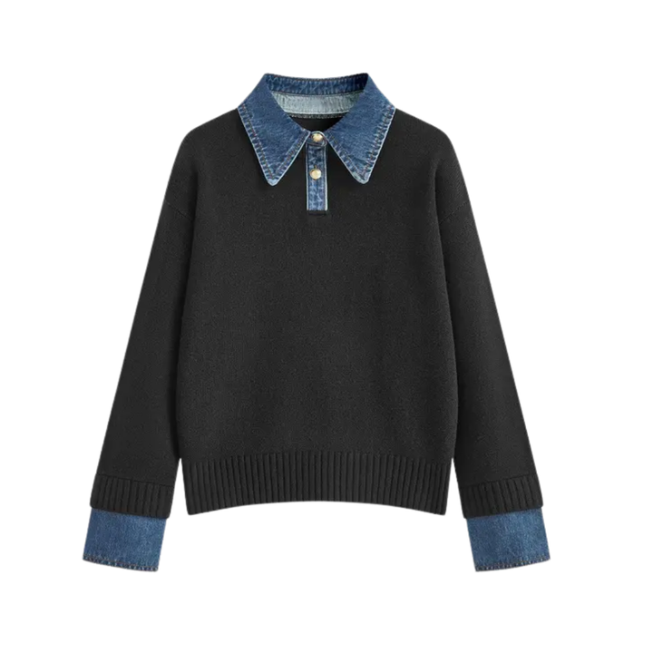 SOLVEI™ – Cozy Polo Denim Sleeve 2 in 1 Panel Lapel Sweater