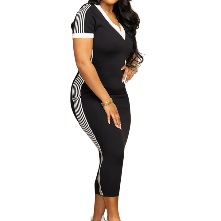 TATUM™ – Striped Trim Casual V-Neck Dress