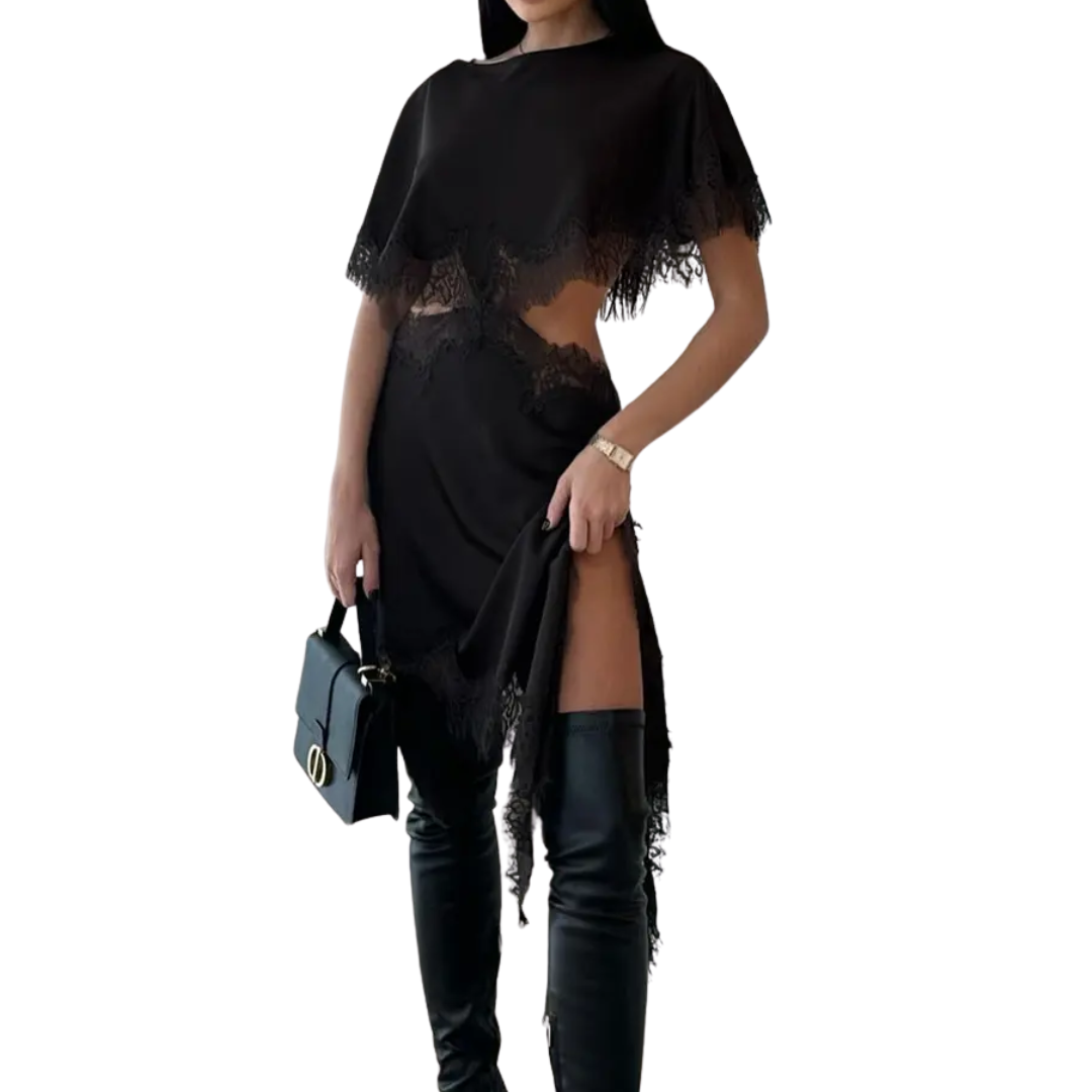 GINEVRA™ – Asymmetric Cape Sleeve Lace Mini Dress