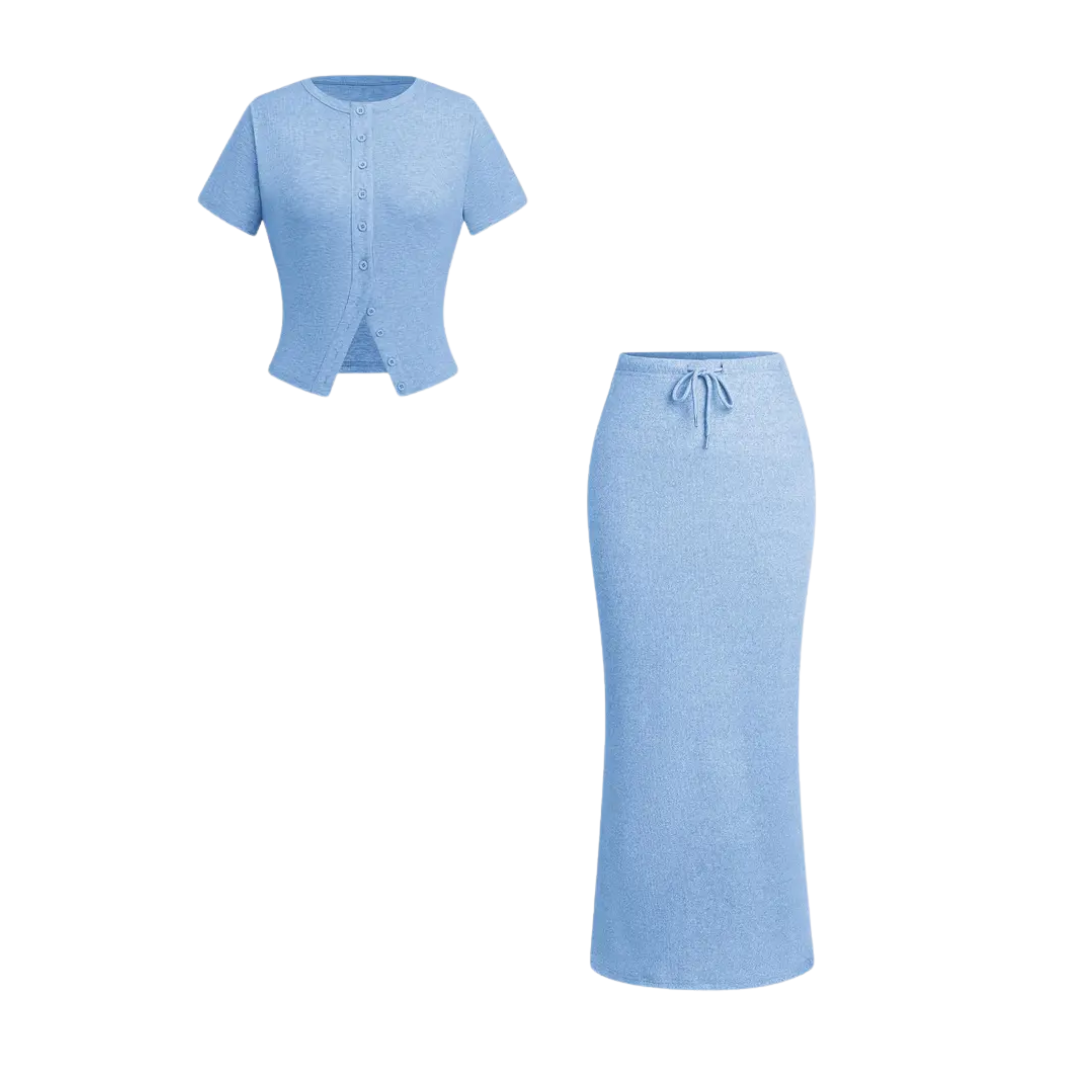 WREN™ – Sleek Button-Front Tee & Split Skirt Two-Piece Set