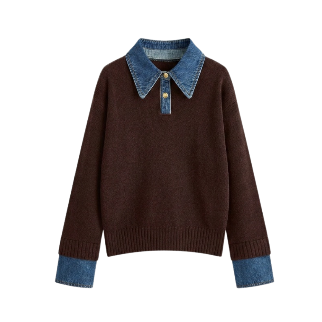 SOLVEI™ – Cozy Polo Denim Sleeve 2 in 1 Panel Lapel Sweater