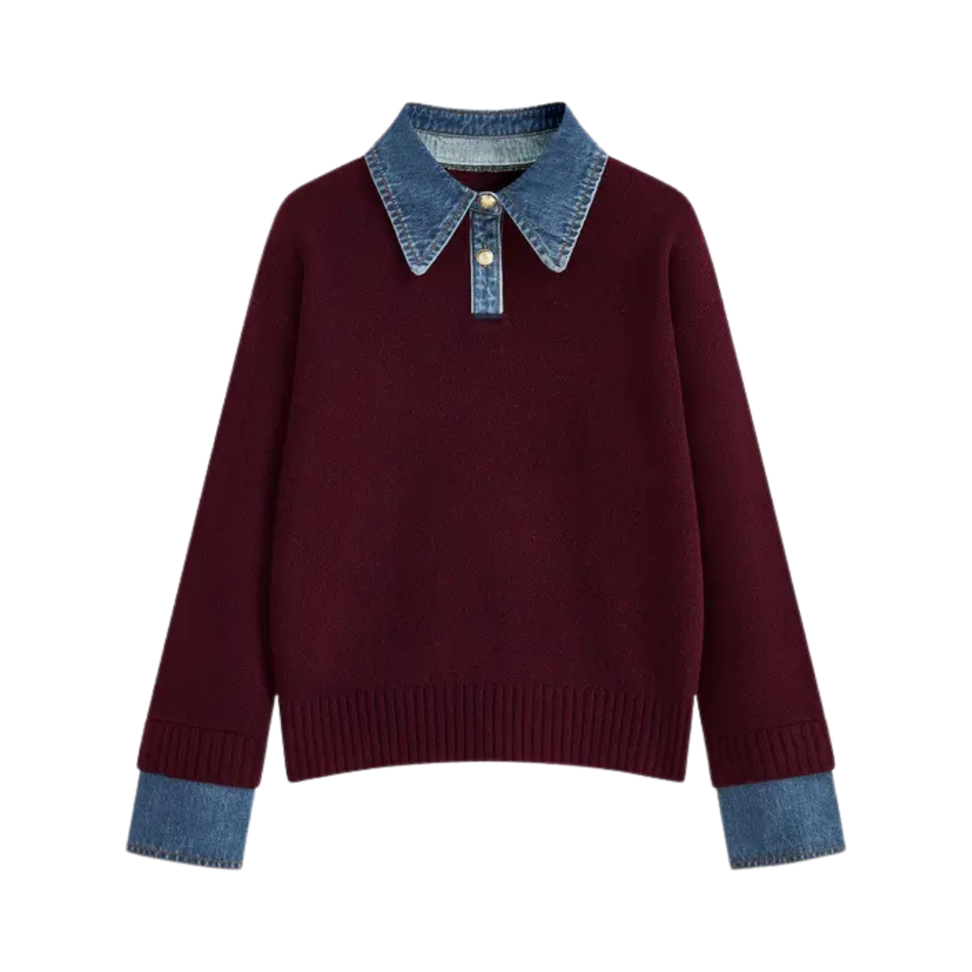SOLVEI™ – Cozy Polo Denim Sleeve 2 in 1 Panel Lapel Sweater