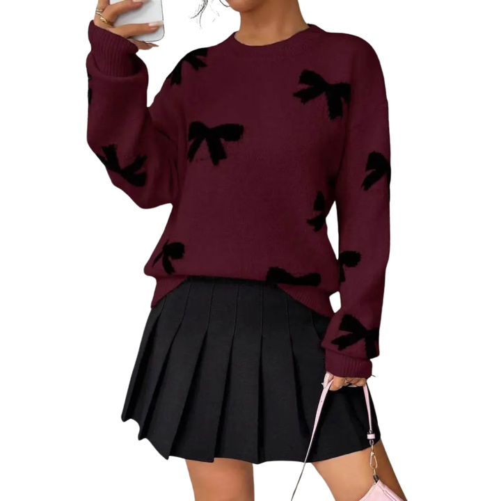 BRIGITTE™ – Cozy Bow Print Knit Sweater