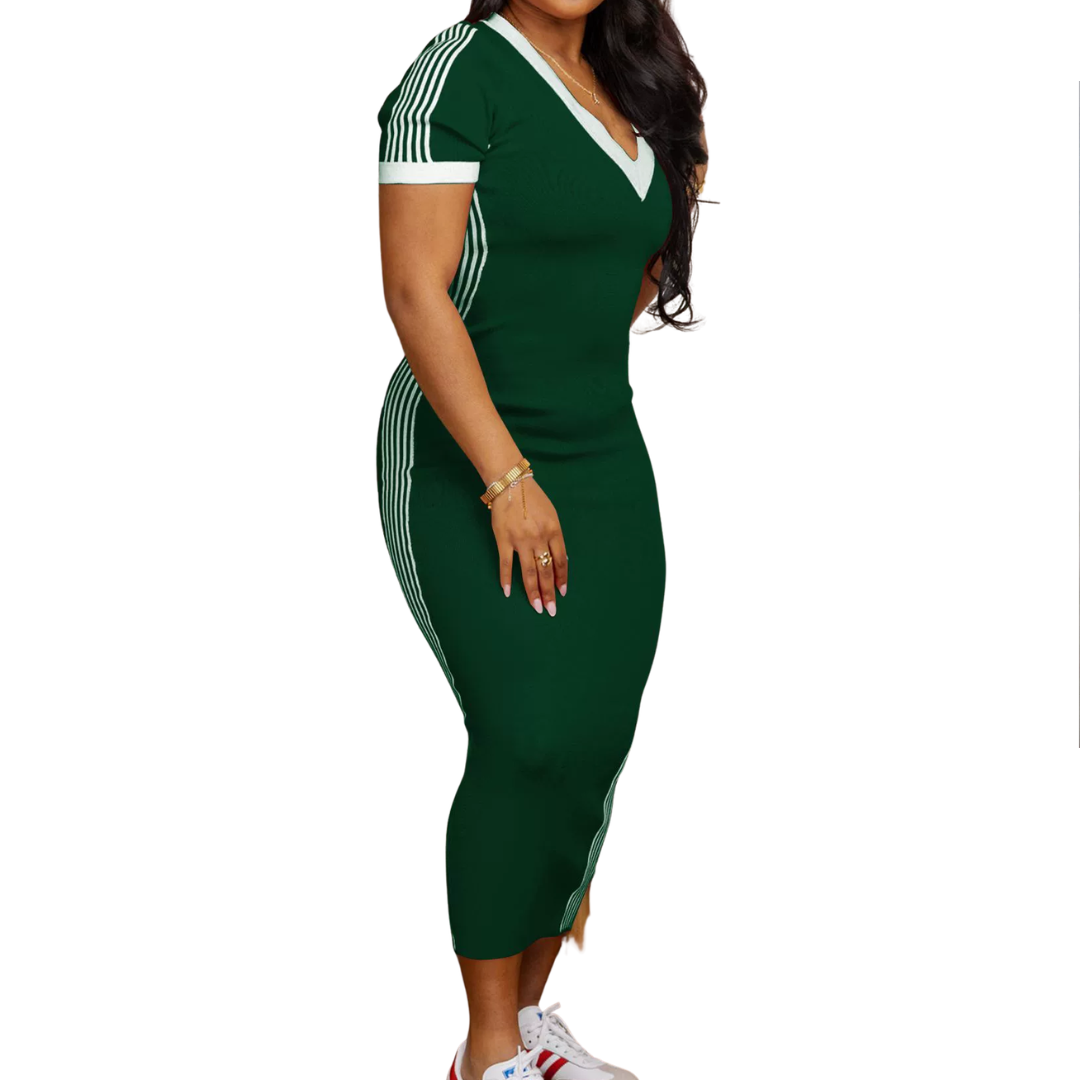 TATUM™ – Striped Trim Casual V-Neck Dress