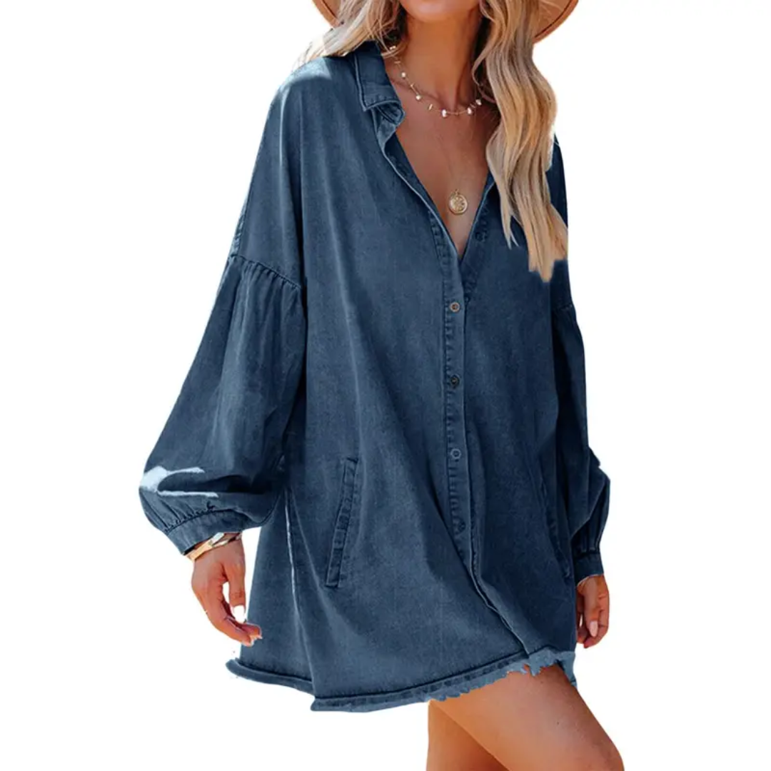 RAYLEN™ – Oversized Distressed Denim Tunic Dress
