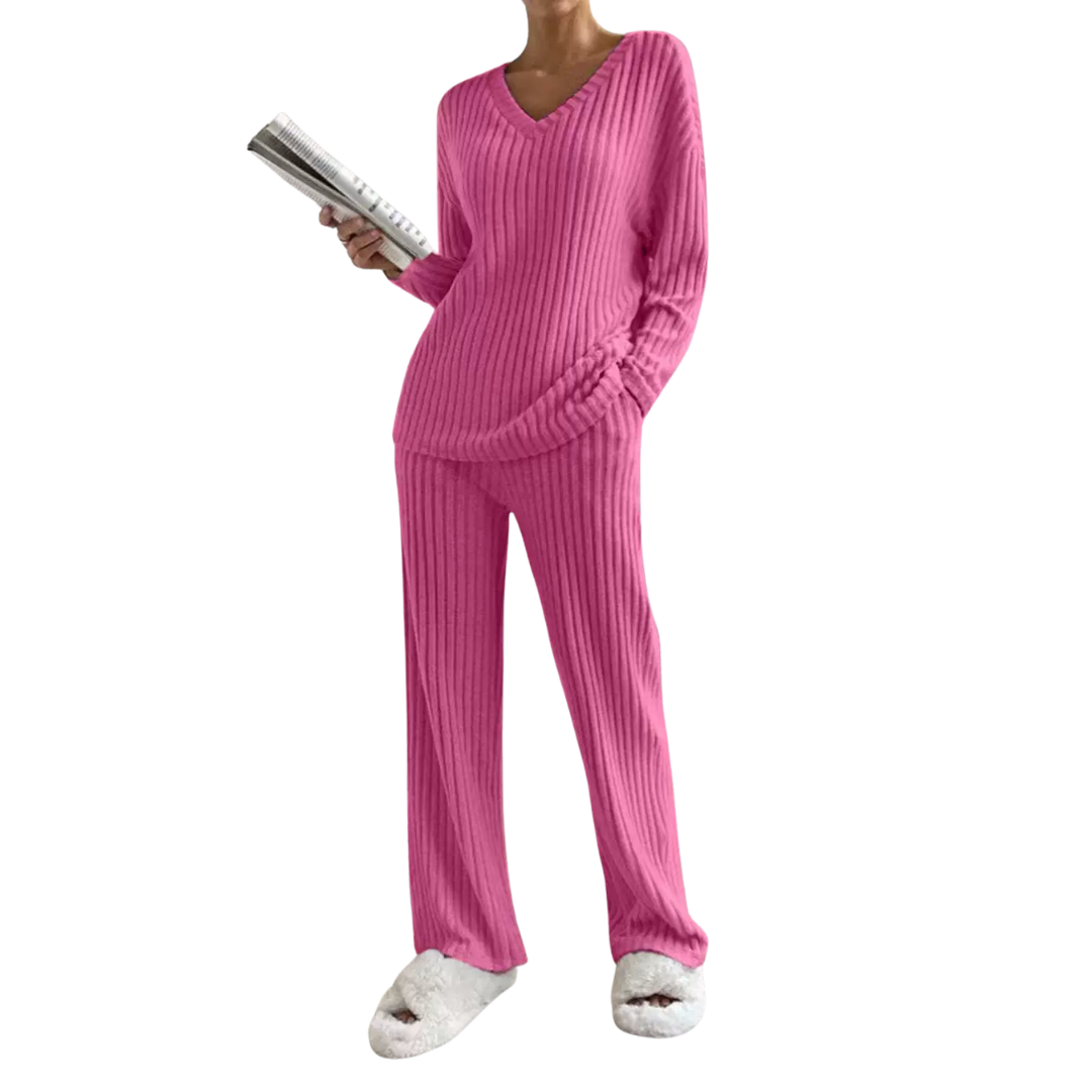 CORALEE™ – Cozy Knit V-Neck Pajama Set