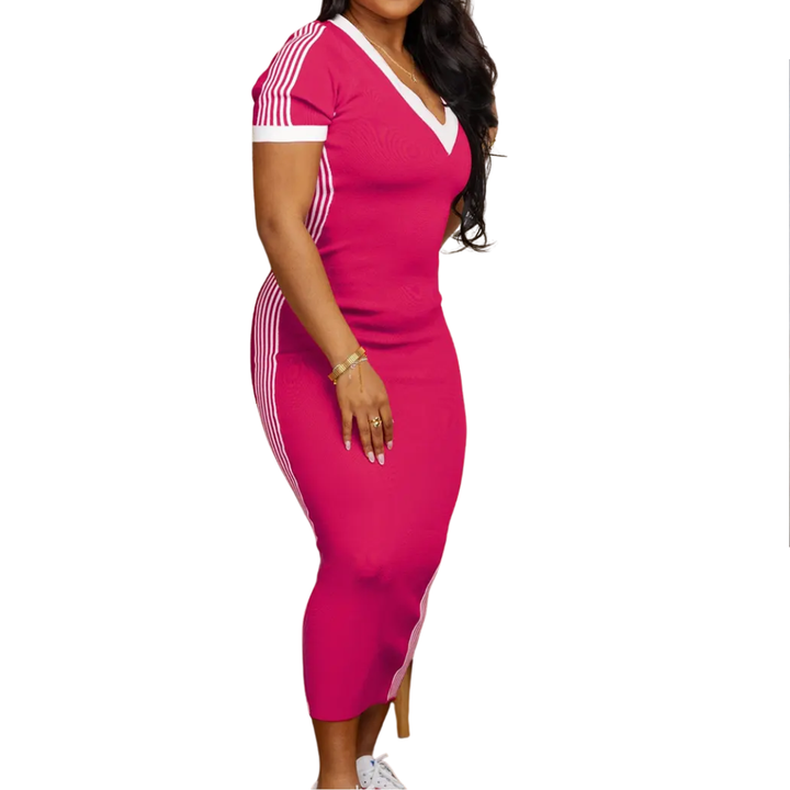 TATUM™ – Striped Trim Casual V-Neck Dress