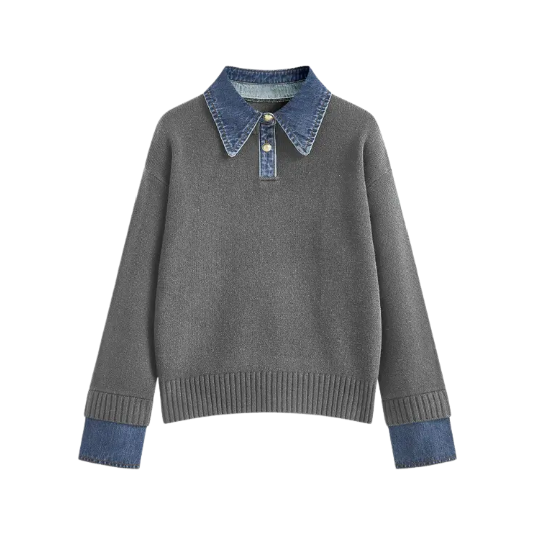 SOLVEI™ – Cozy Polo Denim Sleeve 2 in 1 Panel Lapel Sweater