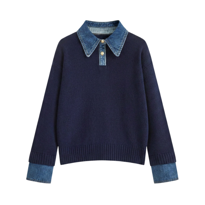 SOLVEI™ – Cozy Polo Denim Sleeve 2 in 1 Panel Lapel Sweater