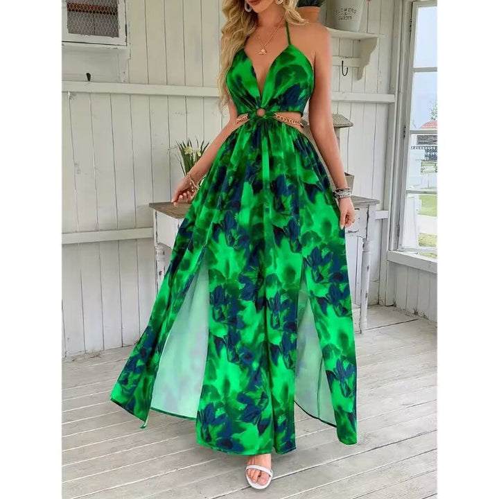 HANNAH™ - Floral Print Cami Dress with Chain Decor and Split Thigh for Beach Holidays