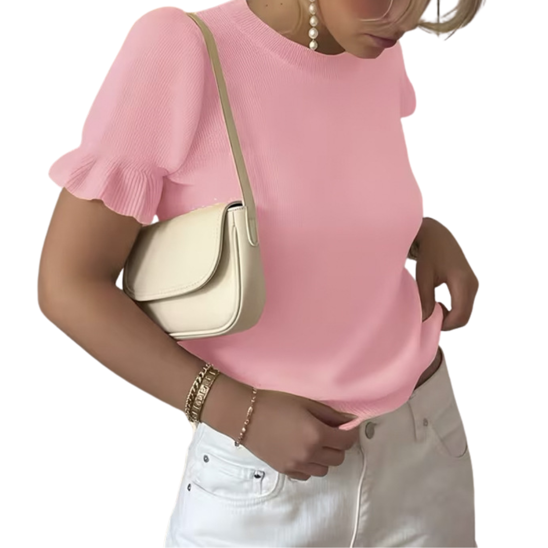 BRISELLE™ – Relaxed Knit Pleated Short Sleeve Top