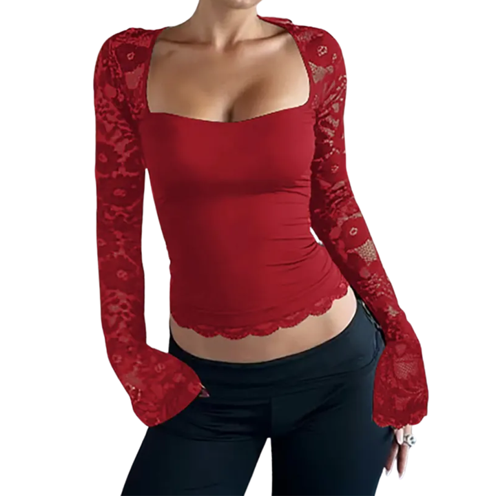 LENNA™ – Sheer Lace Floral Ruffle Tee