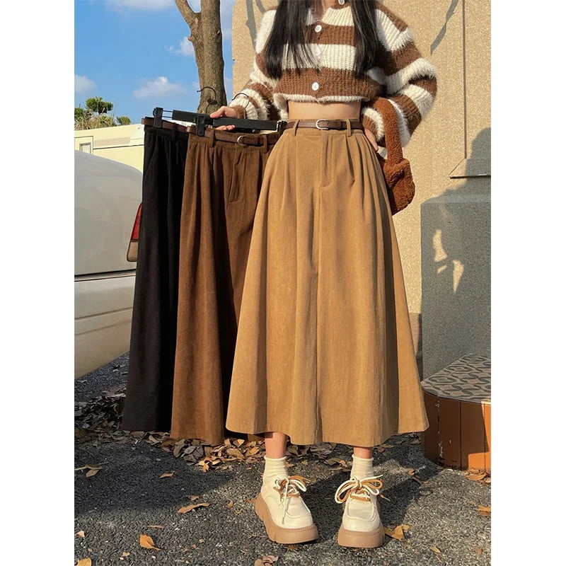 ESTELLE™ – Classic Belt Corduroy Midi Skirt