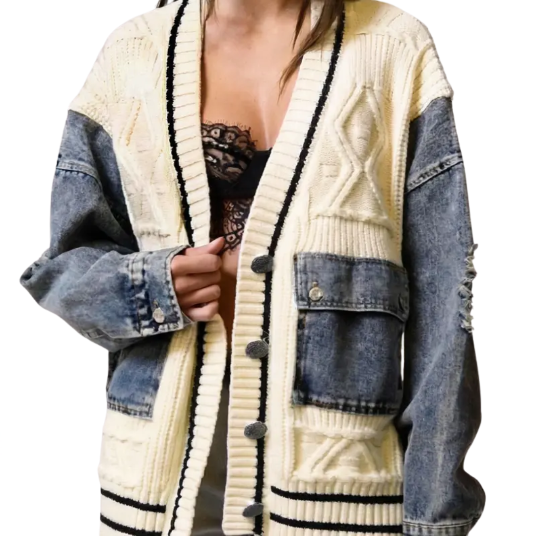 FRANCEL™ – Relaxed Denim Patchwork Knit Cardigan