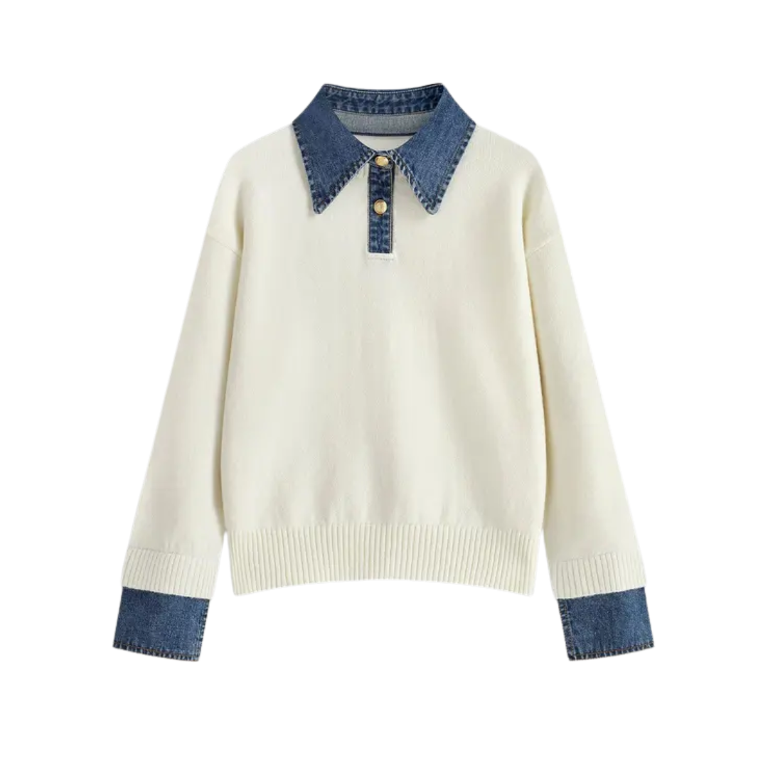 SOLVEI™ – Cozy Polo Denim Sleeve 2 in 1 Panel Lapel Sweater
