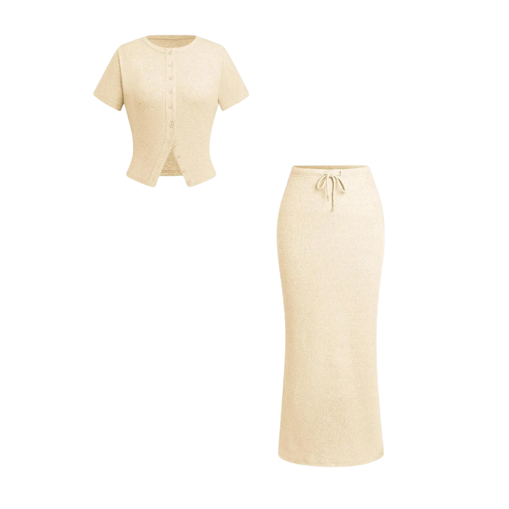 WREN™ – Sleek Button-Front Tee & Split Skirt Two-Piece Set